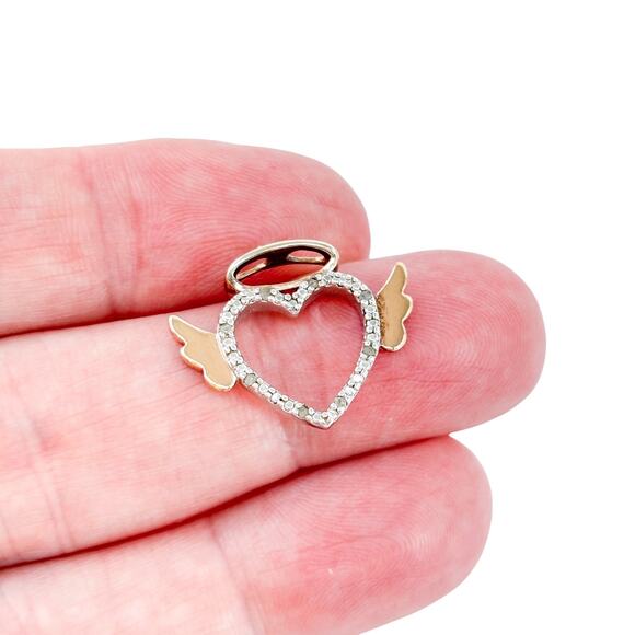 Sterling Silver Diamond Winged Heart Pendant | Petite Rose Gold Wing Accent - Picture 1 of 8